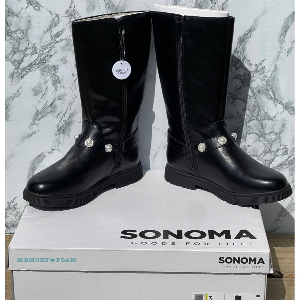Sonoma girls size 3 Black Knee-High Boots With Pearl Accents Memory Foam